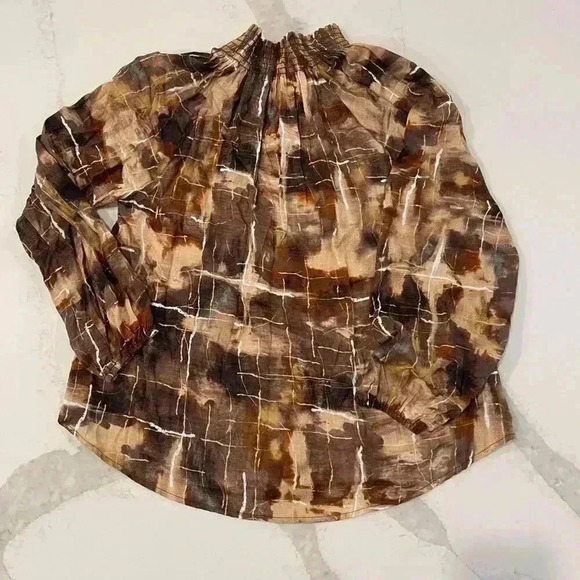 Bucket List Mood Setter Multi Brown LongSleeve Smocked VNeck Blouse Womens Small - Picture 6 of 7